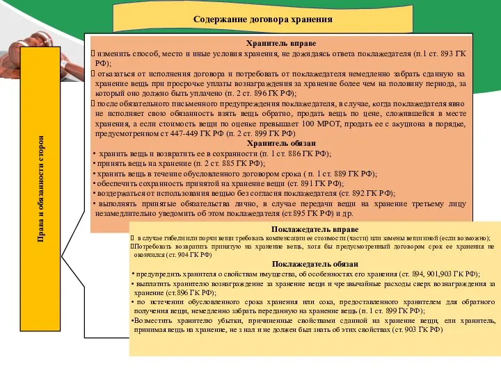 Содержание договора хранения Поклажедатель вправе в случае гибели или порчи вещи требовать