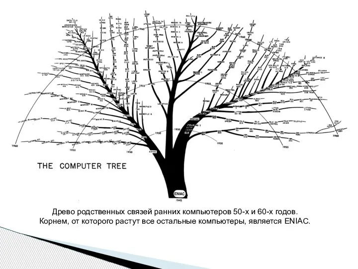 Древо родственных связей ранних компьютеров 50-х и 60-х годов. Корнем, от которого