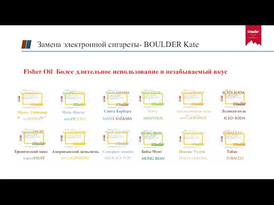 Замена электронной сигареты- BOULDER Kate Манго Тайланда Мачу-Пикчу Санта Барбара Мята Апельсиновая