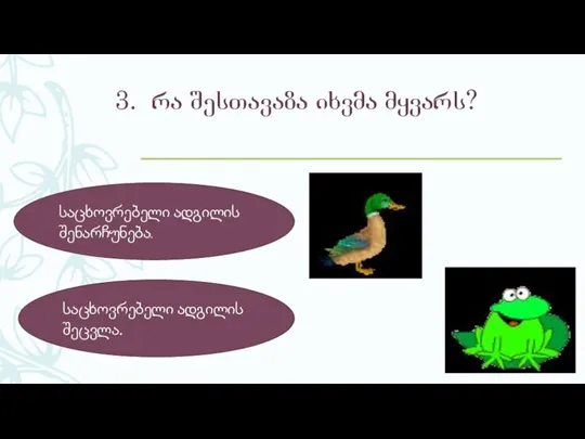 3. რა შესთავაზა იხვმა მყვარს? საცხოვრებელი ადგილის შენარჩუნება. საცხოვრებელი ადგილის შეცვლა.