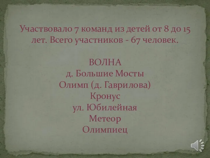 Участвовало 7 команд из детей от 8 до 15 лет. Всего участников