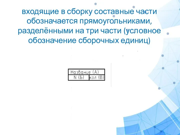 входящие в сборку составные части обозначается прямоугольниками, разделёнными на три части (условное обозначение сборочных единиц)