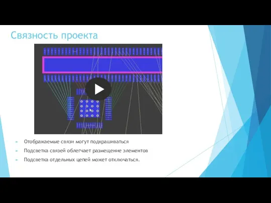 Связность проекта Отображаемые связи могут подкрашиваться Подсветка связей облегчает размещение элементов Подсветка отдельных цепей может отключаться.