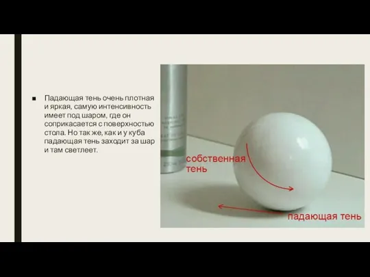 Падающая тень очень плотная и яркая, самую интенсивность имеет под шаром, где