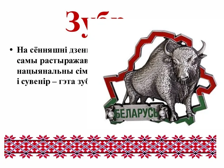 Зубр На сённяшні дзень самы растыражаваны нацыянальны сімвал і сувенір – гэта зубр.