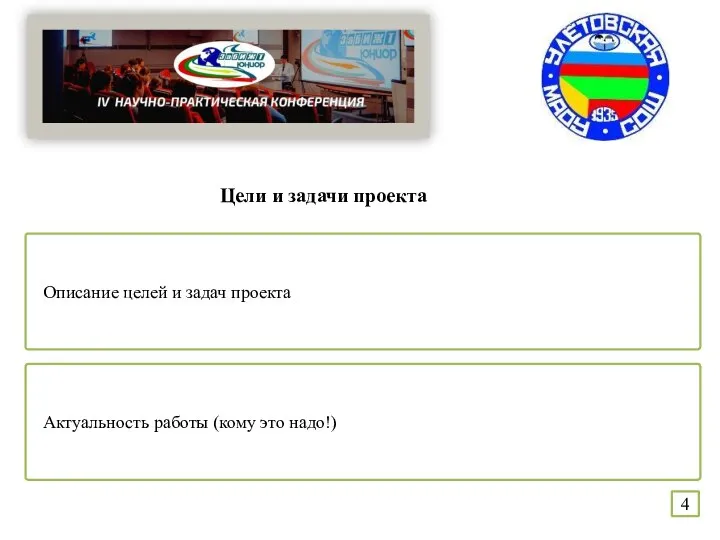 Цели и задачи проекта Описание целей и задач проекта Актуальность работы (кому это надо!) 4