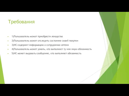 Требования 1)Пользователь может приобрести лекарство 2)Пользователь может отследить состояние своей покупки 3)ИС