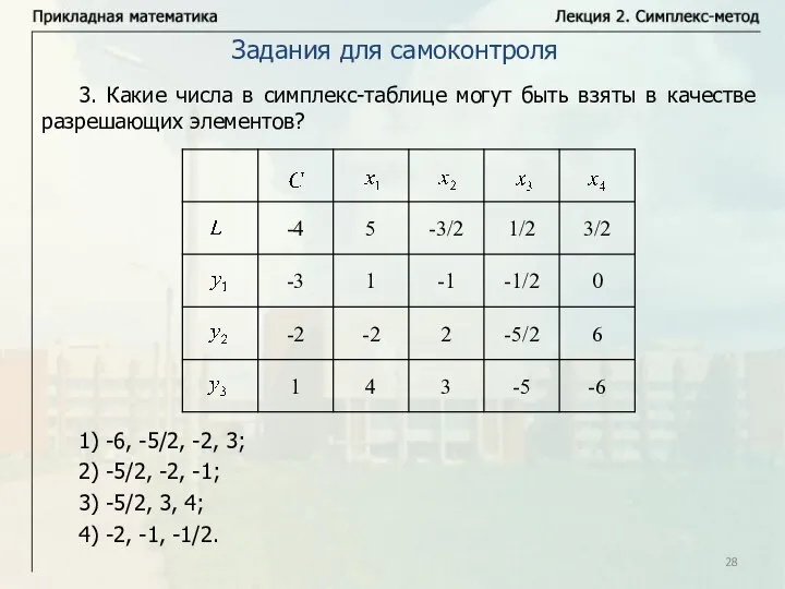 3. Какие числа в симплекс-таблице могут быть взяты в качестве разрешающих элементов?