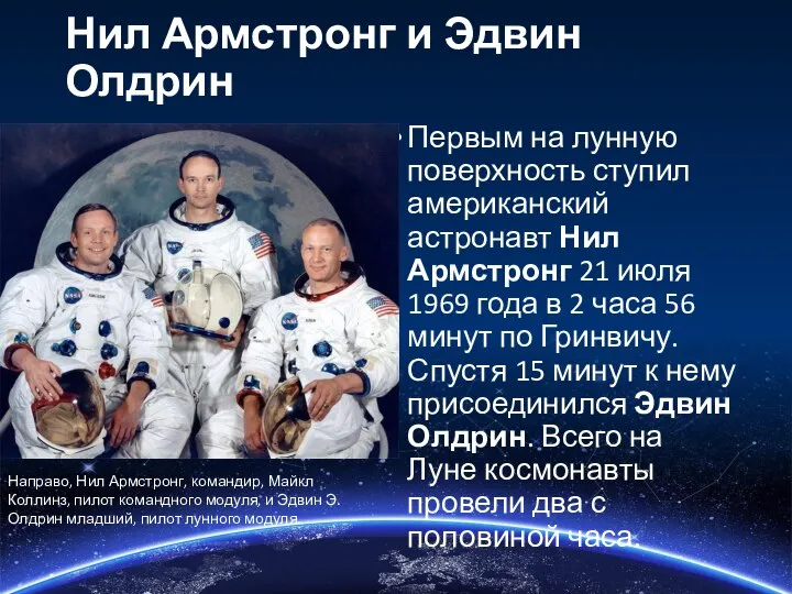 Нил Армстронг и Эдвин Олдрин Первым на лунную поверхность ступил американский астронавт