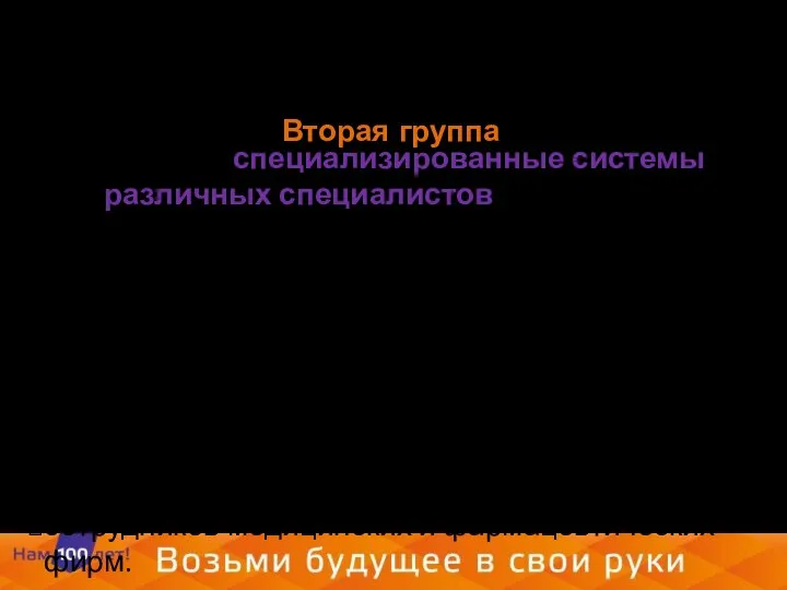 Вторая группа В нее входят специализированные системы для различных специалистов: бухгалтеров, аудиторов,