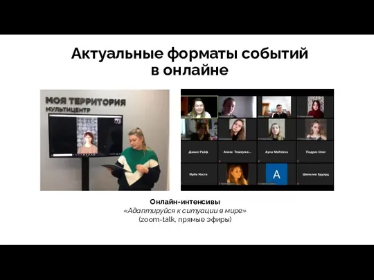 Актуальные форматы событий в онлайне Онлайн-интенсивы «Адаптируйся к ситуации в мире» (zoom-talk, прямые эфиры)