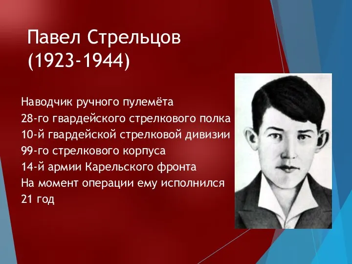 Павел Стрельцов (1923-1944) Наводчик ручного пулемёта 28-го гвардейского стрелкового полка 10-й гвардейской