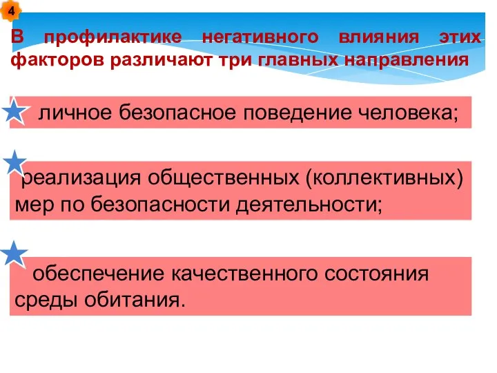 В профилактике негативного влияния этих факторов различают три главных направления личное безопасное