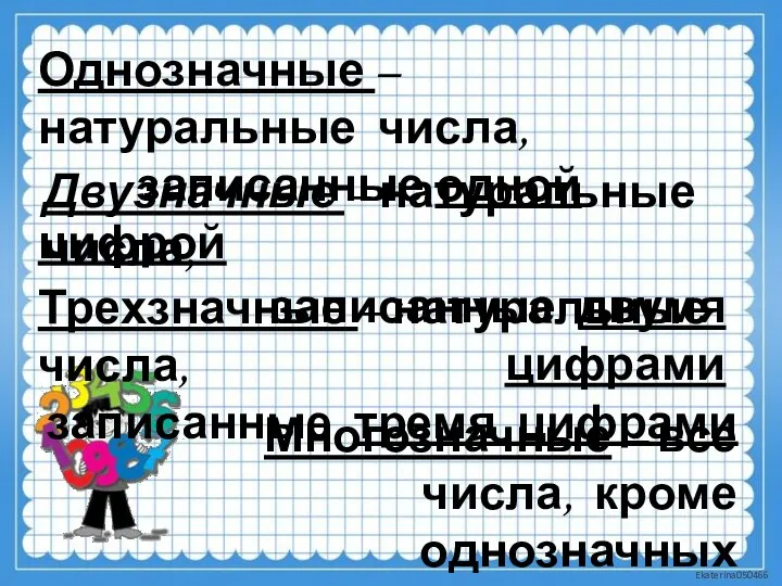 Однозначные – натуральные числа, записанные одной цифрой Двузначные – натуральные числа, записанные