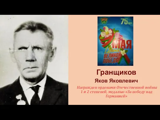 Гранщиков Яков Яковлевич Награжден орденами Отечественной войны 1 и 2 степеней, медалью «За победу над Германией»