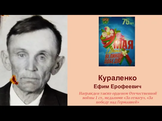 Кураленко Ефим Ерофеевич Награжден также орденом Отечественной войны 1 ст., медалями «За