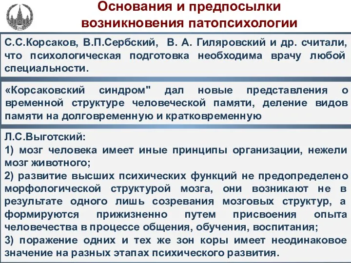 Основания и предпосылки возникновения патопсихологии С.С.Корсаков, В.П.Сербский, В. А. Гиляровский и др.