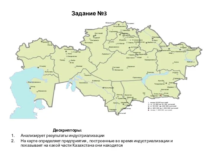 Задание №3 Дескрипторы: Анализирует результаты индустриализации На карте определяет предприятия , построенные