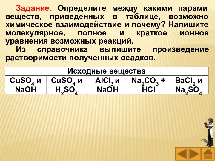 Задание. Определите между какими парами веществ, приведенных в таблице, возможно химическое взаимодействие