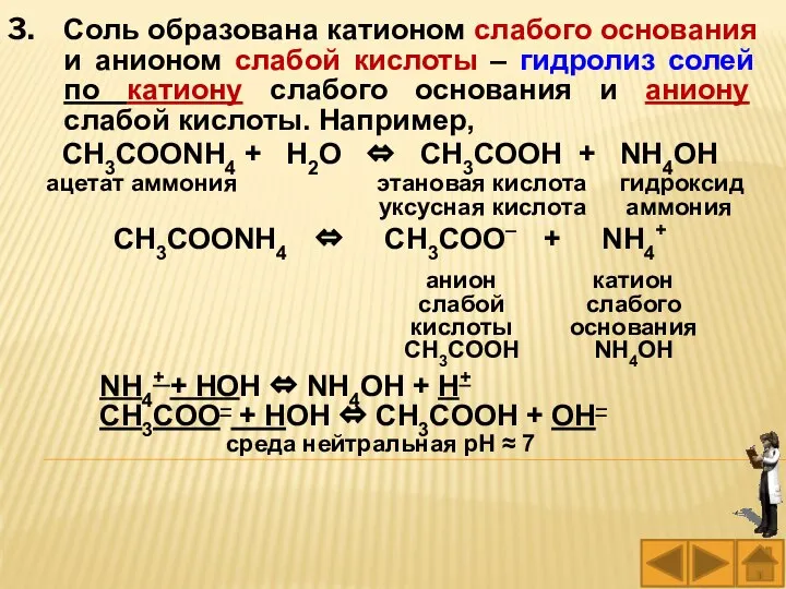 Соль образована катионом слабого основания и анионом слабой кислоты – гидролиз солей