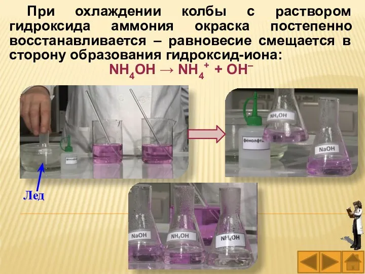 При охлаждении колбы с раствором гидроксида аммония окраска постепенно восстанавливается – равновесие