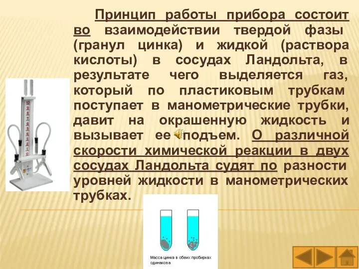 Принцип работы прибора состоит во взаимодействии твердой фазы (гранул цинка) и жидкой