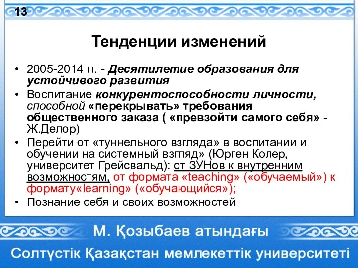 Тенденции изменений 2005-2014 гг. - Десятилетие образования для устойчивого развития Воспитание конкурентоспособности