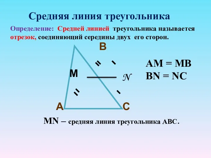 С В А М N МN – средняя линия треугольника АВС. Определение: