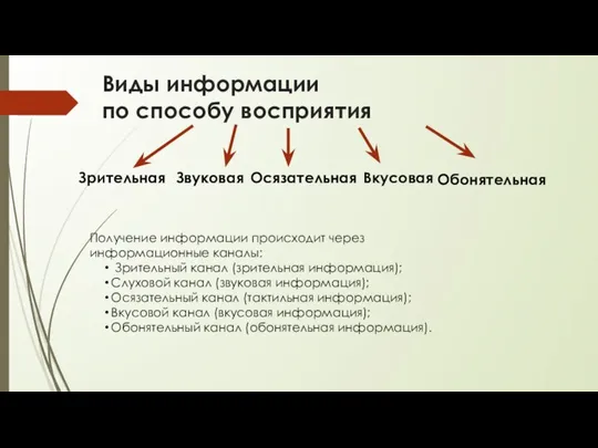 Виды информации по способу восприятия Зрительная Звуковая Вкусовая Обонятельная Осязательная Получение информации