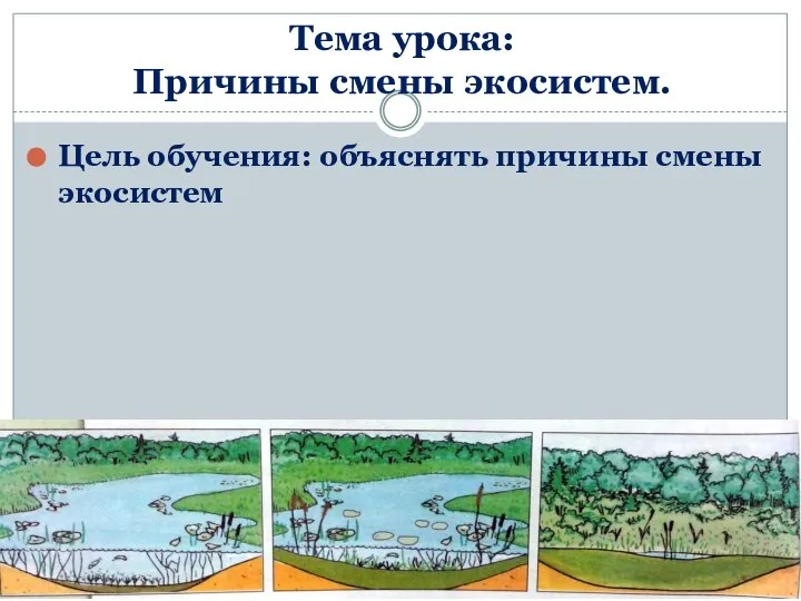 Тема урока: Причины смены экосистем. Цель обучения: объяснять причины смены экосистем