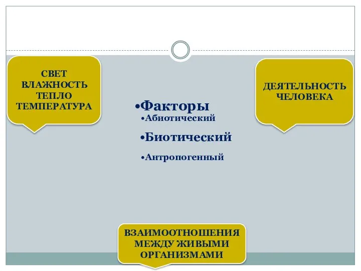 Факторы Абиотический Биотический Антропогенный СВЕТ ВЛАЖНОСТЬ ТЕПЛО ТЕМПЕРАТУРА ВЗАИМООТНОШЕНИЯ МЕЖДУ ЖИВЫМИ ОРГАНИЗМАМИ ДЕЯТЕЛЬНОСТЬ ЧЕЛОВЕКА