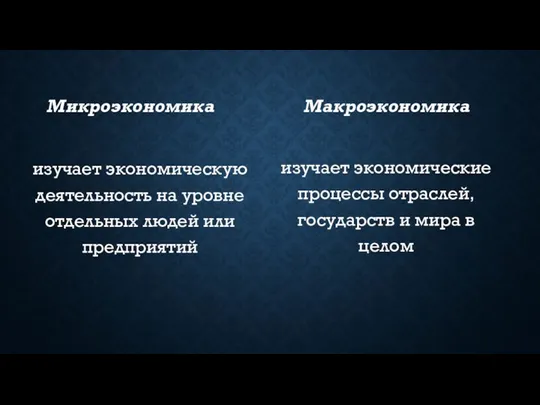 Микроэкономика изучает экономическую деятельность на уровне отдельных людей или предприятий Макроэкономика изучает