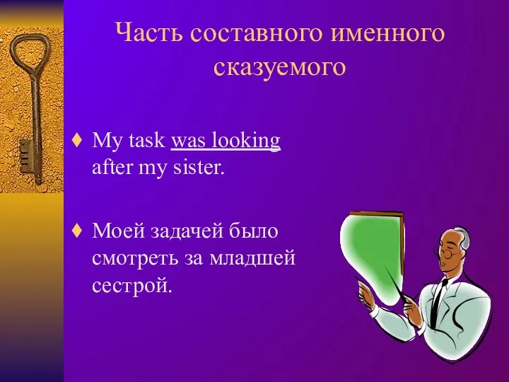 Часть составного именного сказуемого My task was looking after my sister. Моей