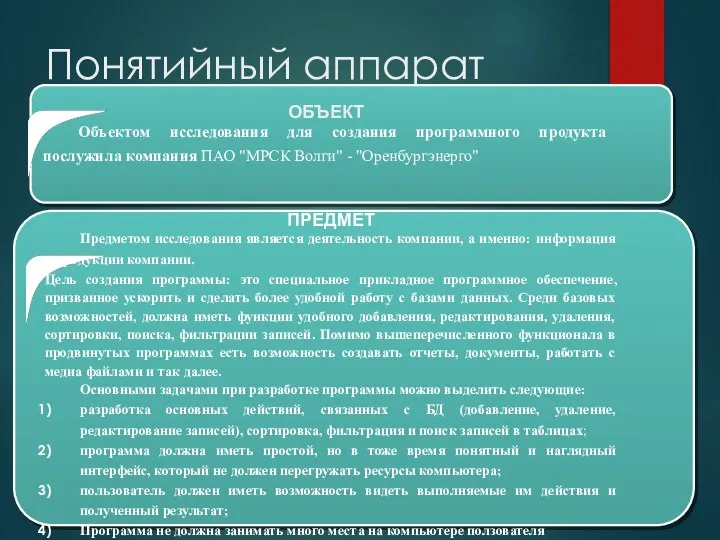 Понятийный аппарат Тема ВКР ОБЪЕКТ Объектом исследования для создания программного продукта послужила