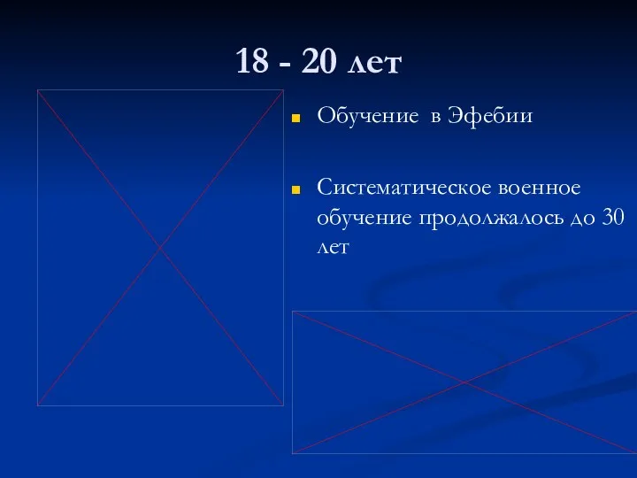 18 - 20 лет Обучение в Эфебии Систематическое военное обучение продолжалось до 30 лет