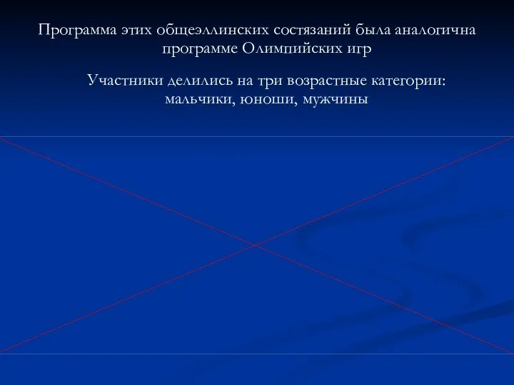 Программа этих общеэллинских состязаний была аналогична программе Олимпийских игр Участники делились на