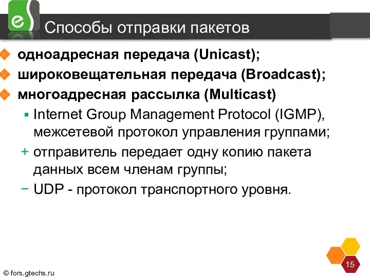 Способы отправки пакетов одноадресная передача (Unicast); широковещательная передача (Broadcast); многоадресная рассылка (Multicast)
