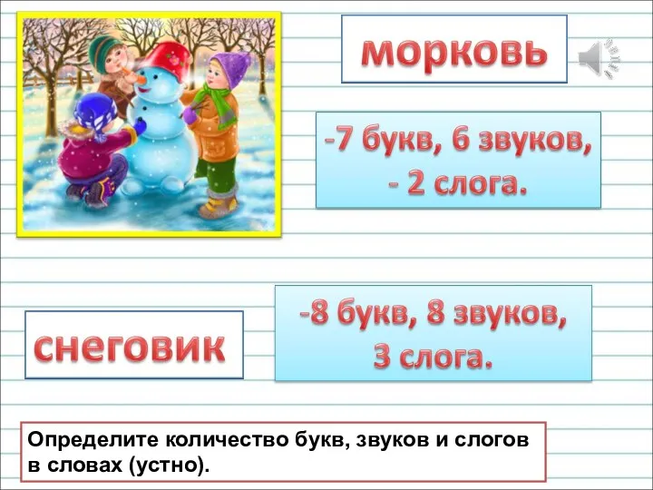 Определите количество букв, звуков и слогов в словах (устно).