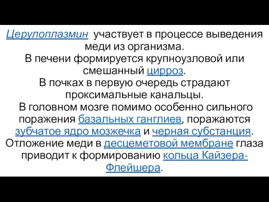 Церулоплазмин участвует в процессе выведения меди из организма. В печени формируется крупноузловой