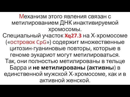 Механизм этого явления связан с метилированием ДНК инактивируемой хромосомы. Специальный участок Xq27.3