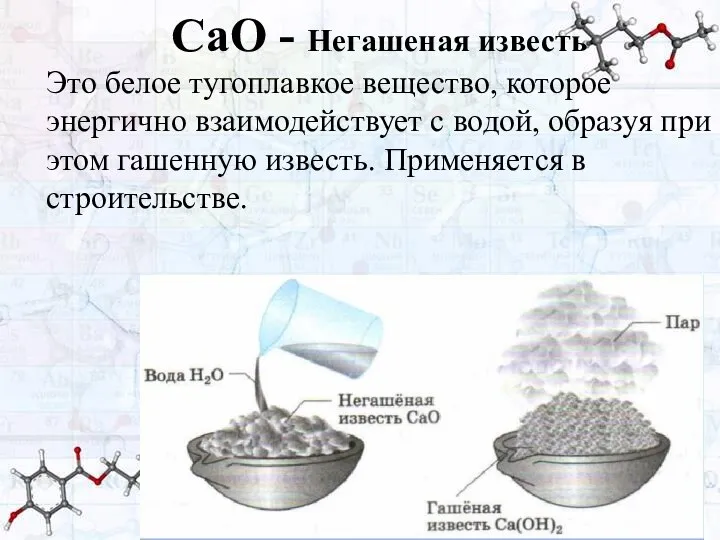 СаО - Негашеная известь Это белое тугоплавкое вещество, которое энергично взаимодействует с