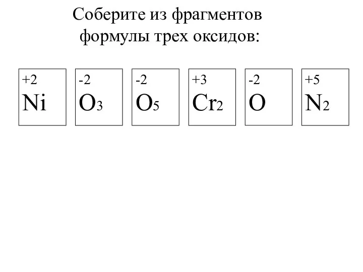 Соберите из фрагментов формулы трех оксидов: