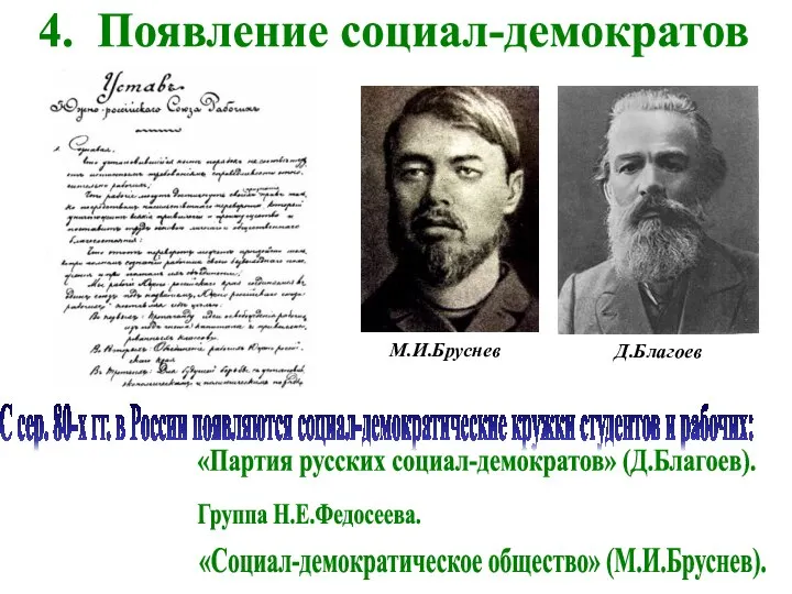 4. Появление социал-демократов С сер. 80-х гг. в России появляются социал-демократические кружки