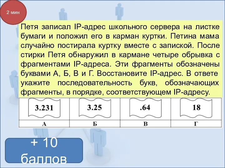 + 10 баллов Петя записал IP-адрес школьного сервера на листке бумаги и