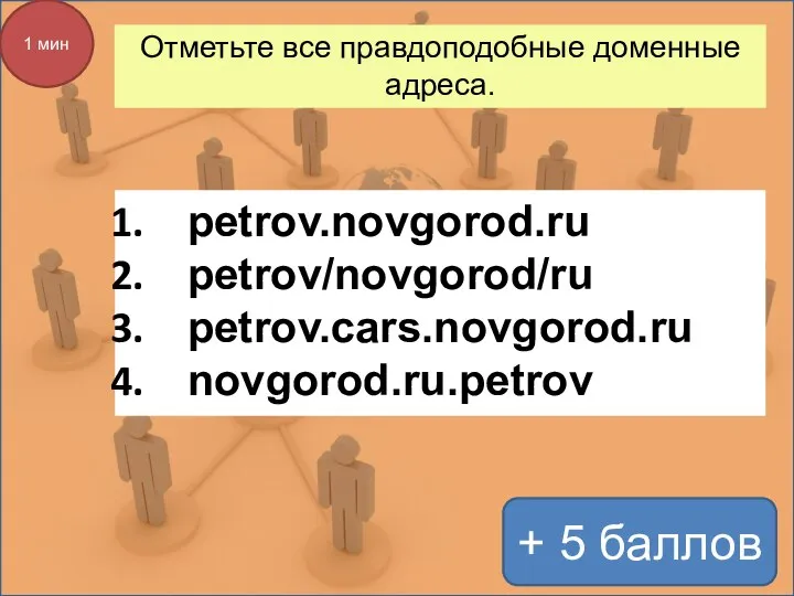 Отметьте все правдоподобные доменные адреса. + 5 баллов 1 мин petrov.novgorod.ru petrov/novgorod/ru petrov.cars.novgorod.ru novgorod.ru.petrov