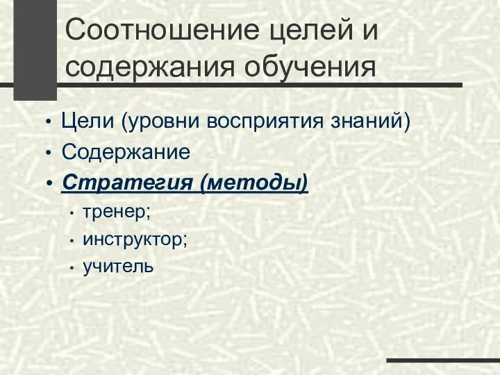 Соотношение целей и содержания обучения Цели (уровни восприятия знаний) Содержание Стратегия (методы) тренер; инструктор; учитель