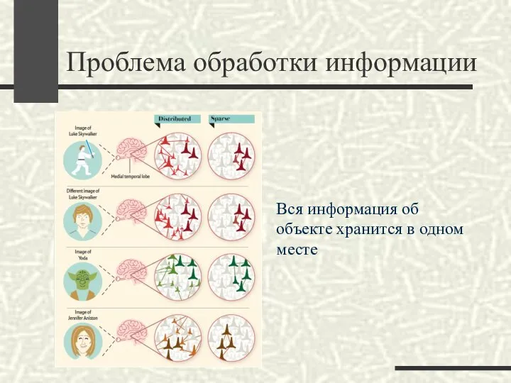 Проблема обработки информации Вся информация об объекте хранится в одном месте