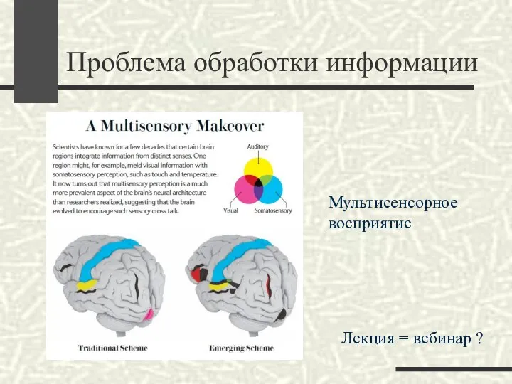 Проблема обработки информации Мультисенсорное восприятие Лекция = вебинар ?