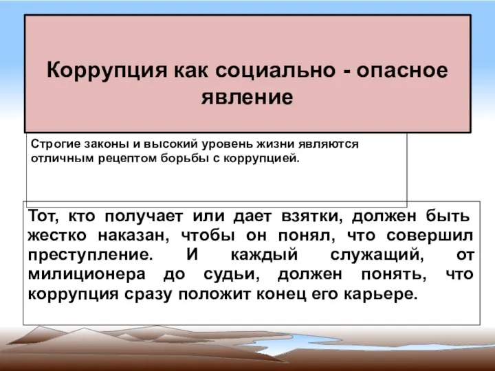 Коррупция как социально - опасное явление Строгие законы и высокий уровень жизни