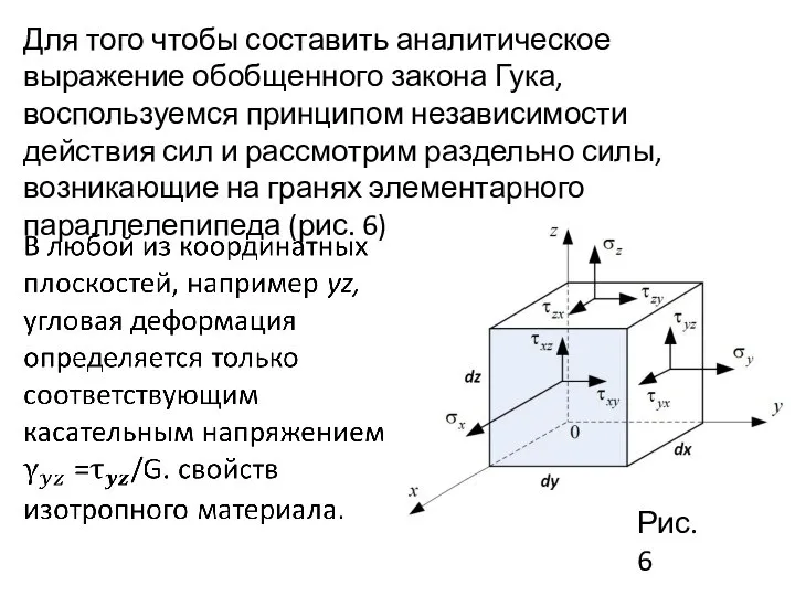 Для того чтобы составить аналитическое выражение обобщенного закона Гука, воспользуемся принципом независимости